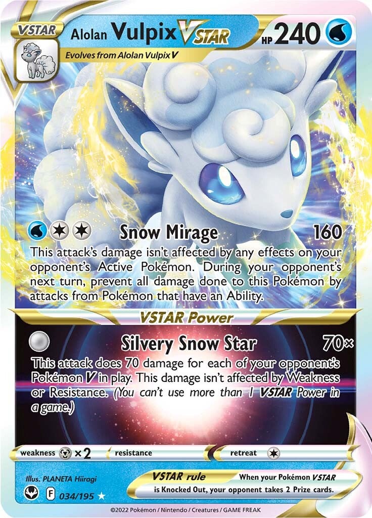 pokemon tcg silver tempest 034 195 alolan vulpix vstar card Pokemon Silver Tempest Alolan Vulpix VSTAR 034/195 Ultra Rare Holo Card